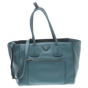 Pre Owned Prada Powder Blue Vitello Phenix Leather Shopping Tote