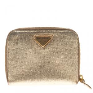 Pre Owned Prada Gold Saffiano Metal Leather Compact Zip Wallet