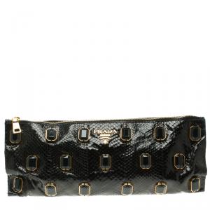 Pre Owned Prada Black Python Whips Pietre Clutch