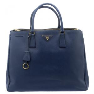 Pre Owned Prada Blue Saffiano Lux Leather Double Zip Executive Tote