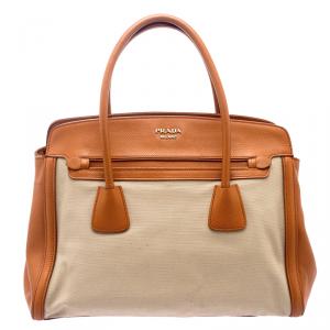 Pre Owned Prada Beige/Orange Corda Canvas and Saffiano Lux Leather Tote
