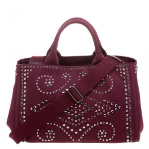 Pre Owned Prada Burgundy Canvas Studded and Crystal Gardener's Tote