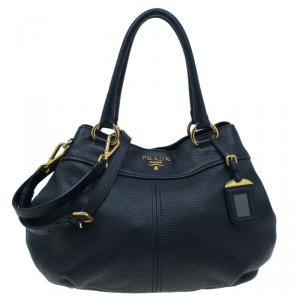 Pre Owned Prada Black Pebbled Leather Sacca 2 Manici Shoulder Bag