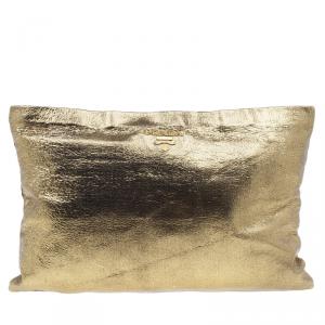 Pre Owned Prada Gold Crackled Leather Oversized Clutch
