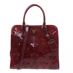 Pre Owned Prada Red Patent Leather Floral Framed Top Handle Bag
