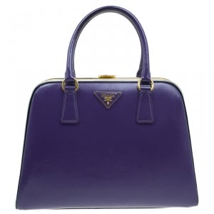 Pre Owned Prada Purple/Cream Saffiano Lux Leather Frame Top Handle Bag