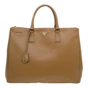 Pre Owned Prada Caramel Saffiano Lux Leather Large Double Zip Tote Bag