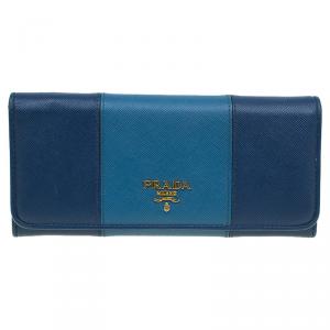 Pre Owned Prada Blue Saffiano Bicolor Flap Wallet