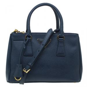 Pre Owned Prada Dark Blue Saffiano Lux Leather Mini Double Zip Tote