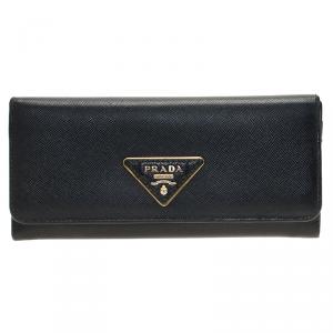Pre Owned Prada Black Saffiano Triangle Logo Continental Flap Wallet