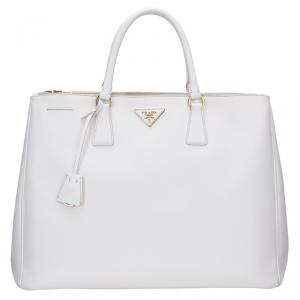 Pre Owned Prada White Saffiano Lux Leather Double Zip Executive Tote 