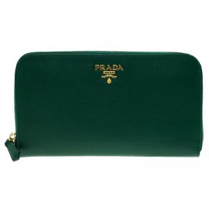 Prada Dark Green Saffiano Leather Logo Zip Around Wallet