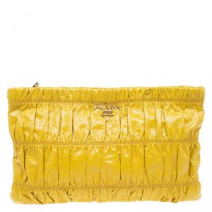 Prada Yellow Patent Leather Gauffre Shirred Clutch