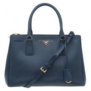 Pre Owned Prada Navy Blue Saffiano Lux Leather Small Double Zip Tote