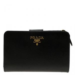 Pre Owned Prada Black Saffiano Leather Zip Around Compact Wallet