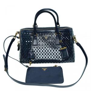 Pre Owned Prada Navy Blue Perforated Saffiano Leather Bauletto Satchel