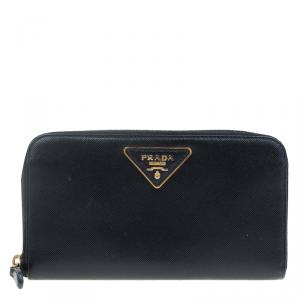 Pre Owned Prada Black Saffiano Leather Zip Around Wallet