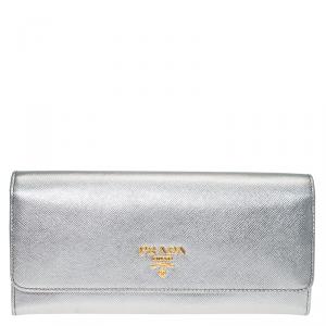 Pre Owned Prada Silver Saffiano Leather Continental Wallet