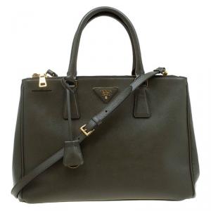 Pre Owned Prada Military Green Saffiano Lux Leather Medium Double Zip Tote