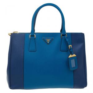 Pre Owned Prada Blue Bicolor Saffiano Lux Leather Medium Double Zip Tote