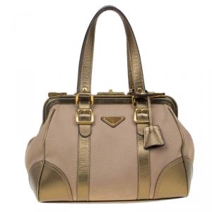 Pre Owned Prada Beige/Bronze Canvas and Saffiano Leather Doctor Bag