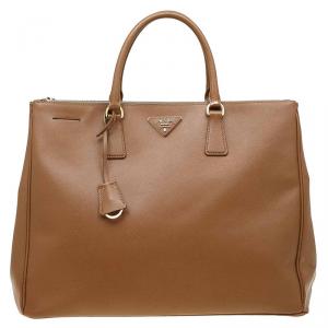 Pre Owned Prada Brown Saffiano Lux Leather Double Zip Executive Tote