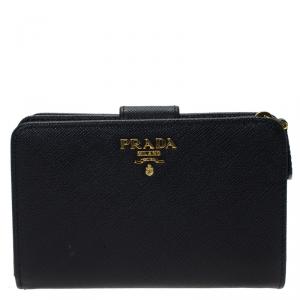 Pre Owned Prada Black Saffiano Leather Zip Around Compact Wallet