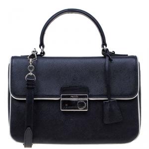 Pre Owned Prada Black Saffiano Lux Leather Small Sound Flap Bag