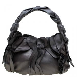Pre Owned Prada Metallic Grey Leather Small Ruffle Hobo