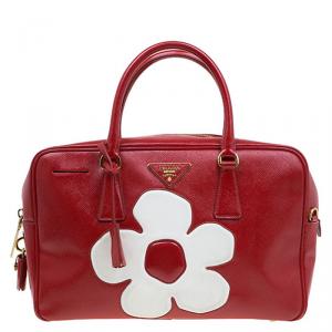 Pre Owned Prada Red and White Saffiano Vernice Patent Leather Bauletto Flower Top handle Bag