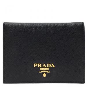 Pre Owned Prada Black Saffiano Leather Mini Bifold Wallet