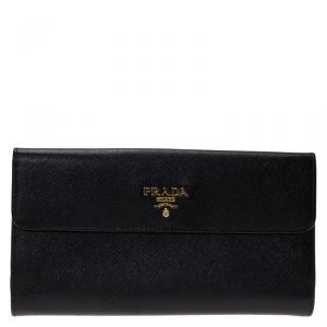 Pre Owned Prada Black Saffiano Leather Long Flap Wallet