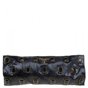 Pre Owned Prada Black Python Embellished Jewel Oversized Clutch