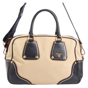 Pre Owned Prada Bicolor Canvas and Leather Trim Bowler Bag