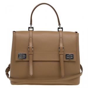 Pre Owned Prada Beige Saffiano Cuir Leather Double Turn Lock Satchel