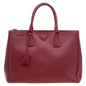 Pre Owned Prada Red Saffiano Lux Leather Large Double Zip Tote