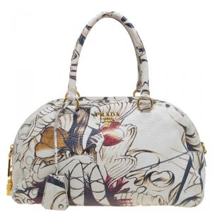 Pre Owned Prada Beige Astro Cervo Lux Leather Limited Edition Fairy Print Bowler Bag