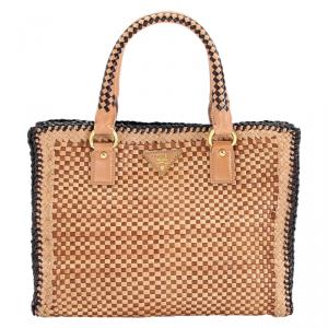 Pre Owned Prada Black Brown Woven Leather 'Madras' Tote