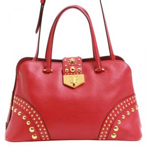Pre Owned Prada Red Saffiano Studded Leather Tote