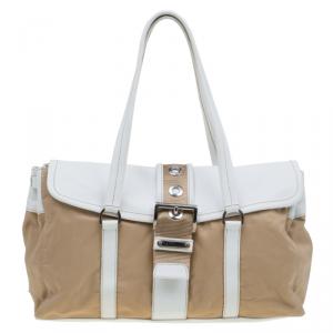 Pre Owned Prada Beige/White Nylon and Leather Satchel