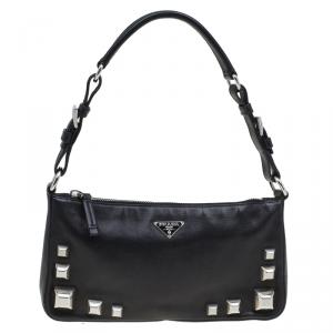 Pre Owned Prada Black Leather Studded Shoulder Bag