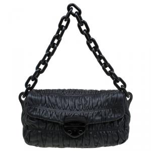 Pre Owned Prada Black Leather Gaufre Chain Shoulder Bag