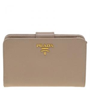 Pre Owned Prada Latte Saffiano Leather Zip Around Compact Wallet
