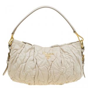 Pre Owned Prada Cream Leather Embroidered Petal Shoulder Bag