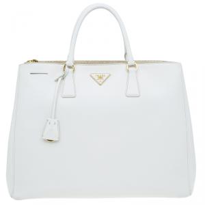 Pre Owned Prada White Saffiano Lux Leather Double Zip Executive Tote