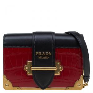 Pre Owned Prada Red/Black Crocodile and Leather Cahier Shoulder Bag