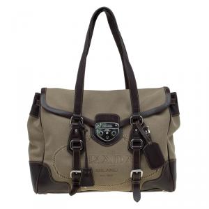 Pre Owned Prada Beige/Brown Canvas and Leather Push Lock Tote