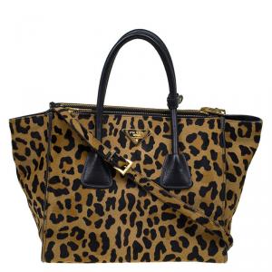 Pre Owned Prada Brown Leopard Print Calf Hair Double Zip Tote
