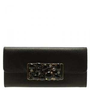 Pre Owned Prada Black Saffiano Fiocco Leather Jewel Embellished Continental Wallet