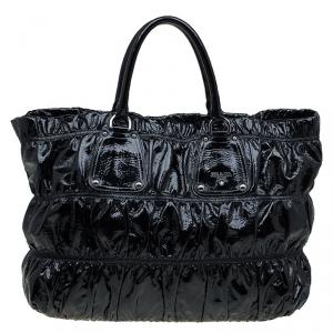 Pre Owned Prada Black Gaufre Patent Leather Large Tote